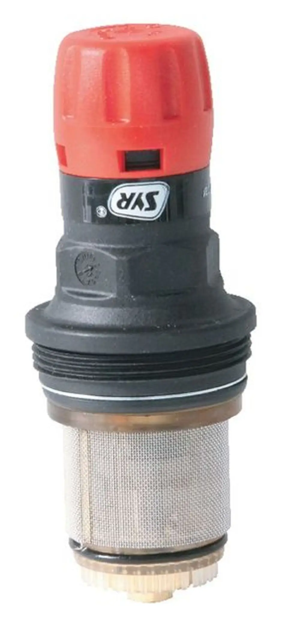Druckminderer-Kartusche von Syr mit rotem Kopf und metallic-grauem Filterelement. Geeignet für verschiedene Wasserinstallationen.